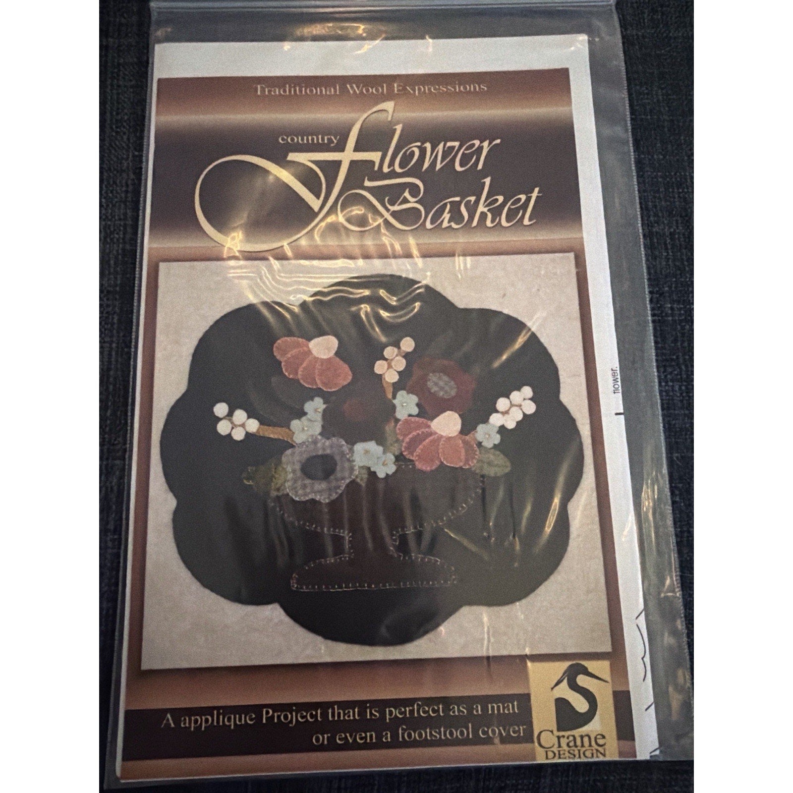 Country Flower Basket Wool Applique Pattern Crane Design NOS