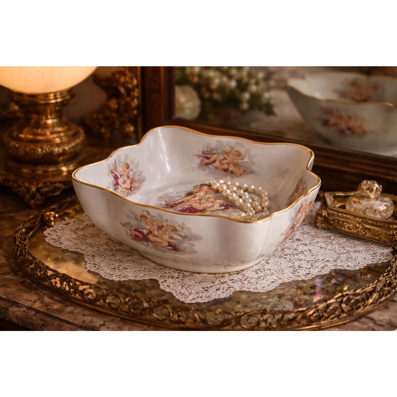 Vintage Limoges Cherub Bowl Gold Rim French Porcelain Putti Dish Romantic Decor 8”