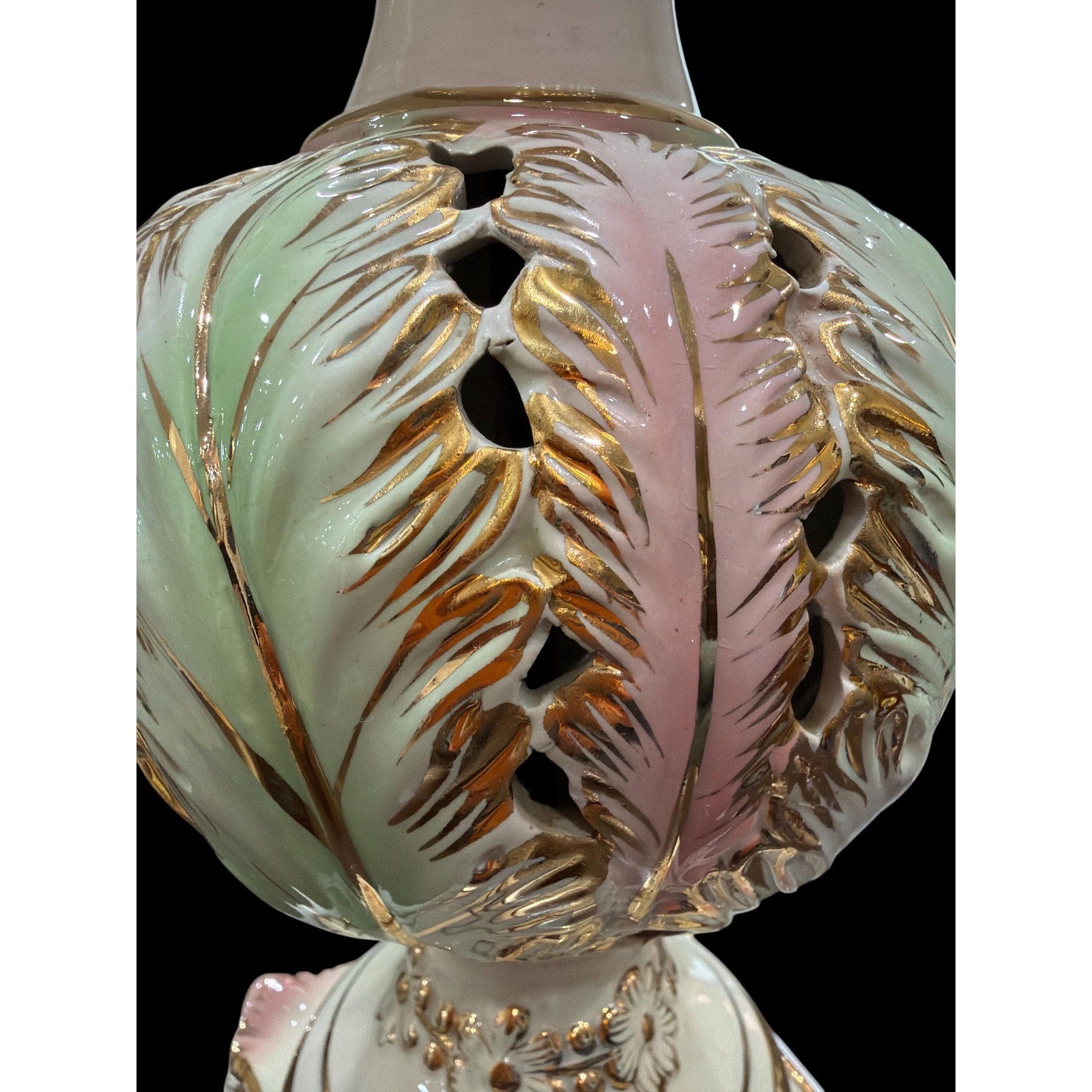 Vintage Porcelain Boudoir Lamp | Pink, Mint Green, Gold Gilt, Marble Base