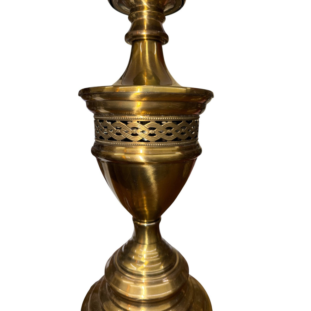 Vintage Brass Urn Table Lamps Pair with Burgundy Embroidered Silk Shades