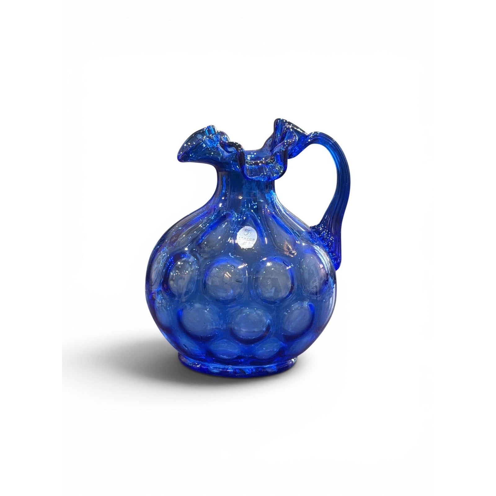 Vintage Fenton Cobalt Blue Coin Dot Pitcher, Hand Blown Art Glass Creamer