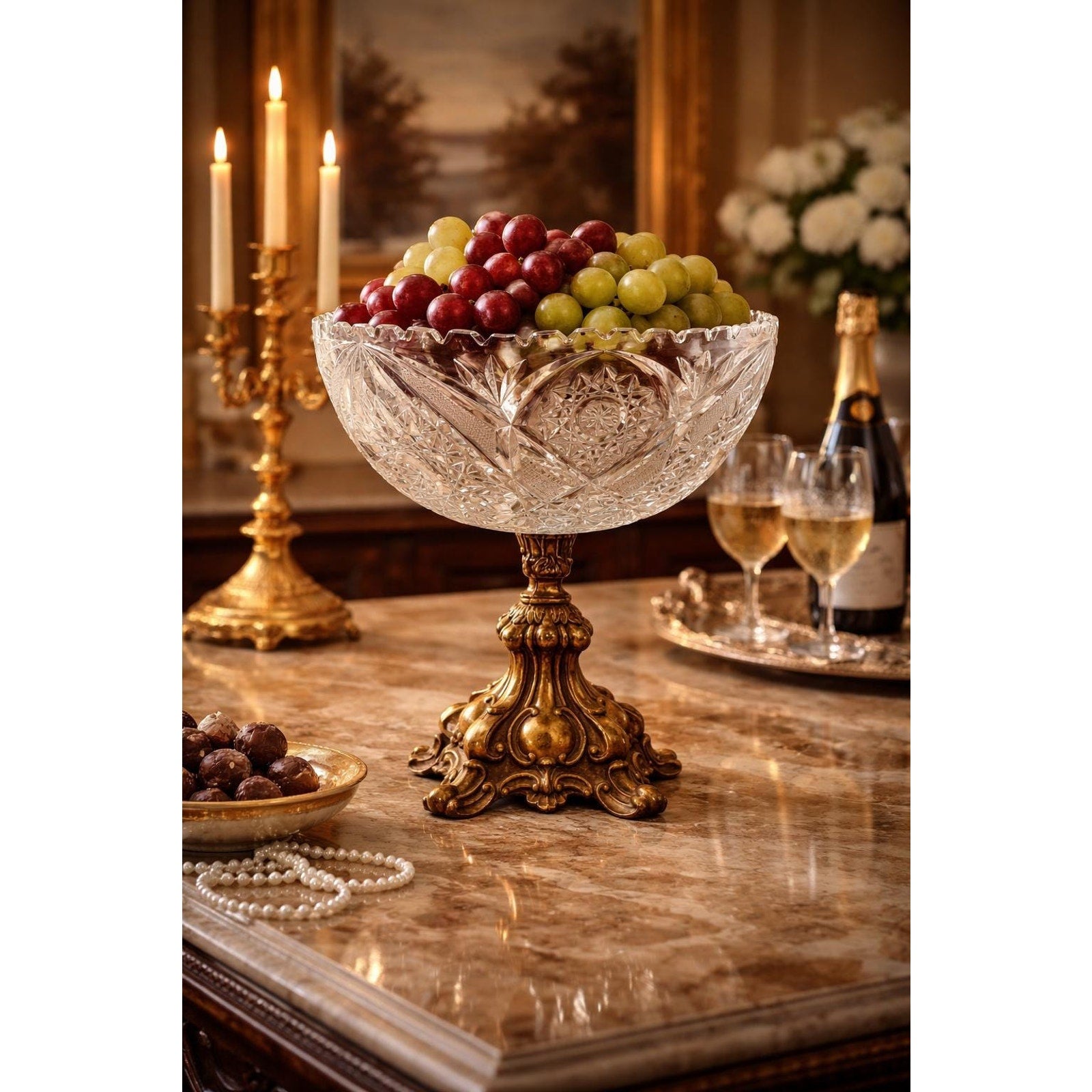 Vintage Cut Crystal Pedestal Compote Bowl, Ornate Metal Stand Centerpiece