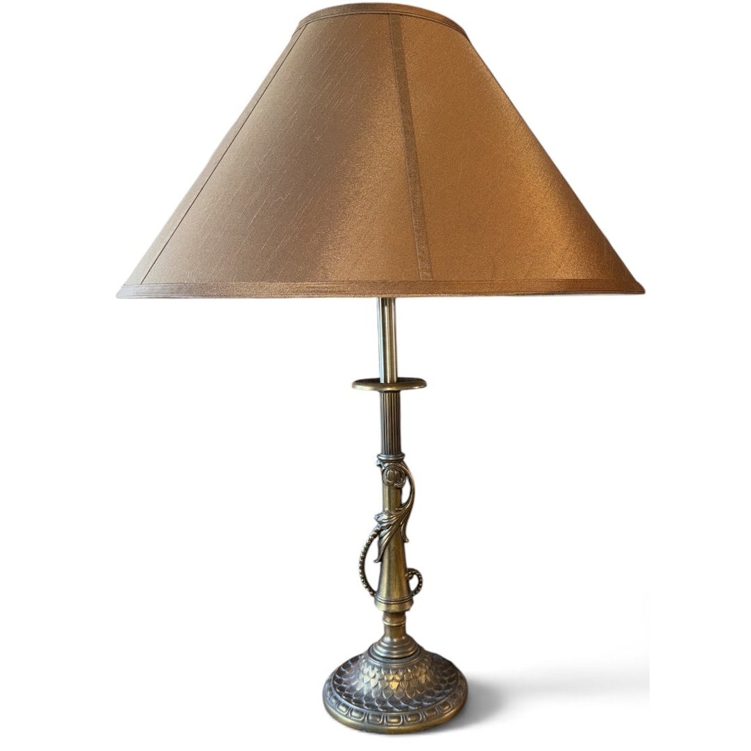 Pair of Vintage Ornate Metal Table Lamps Bronze Brass Patina Silk Shades 30"