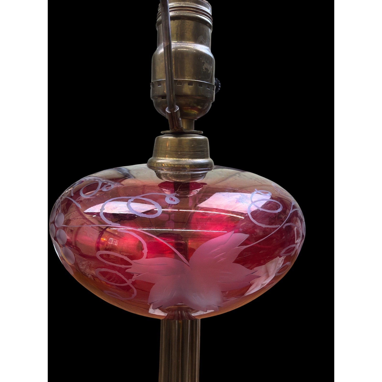 Antique Cranberry Glass Victorian Table Lamp Etched Brass Marble Base