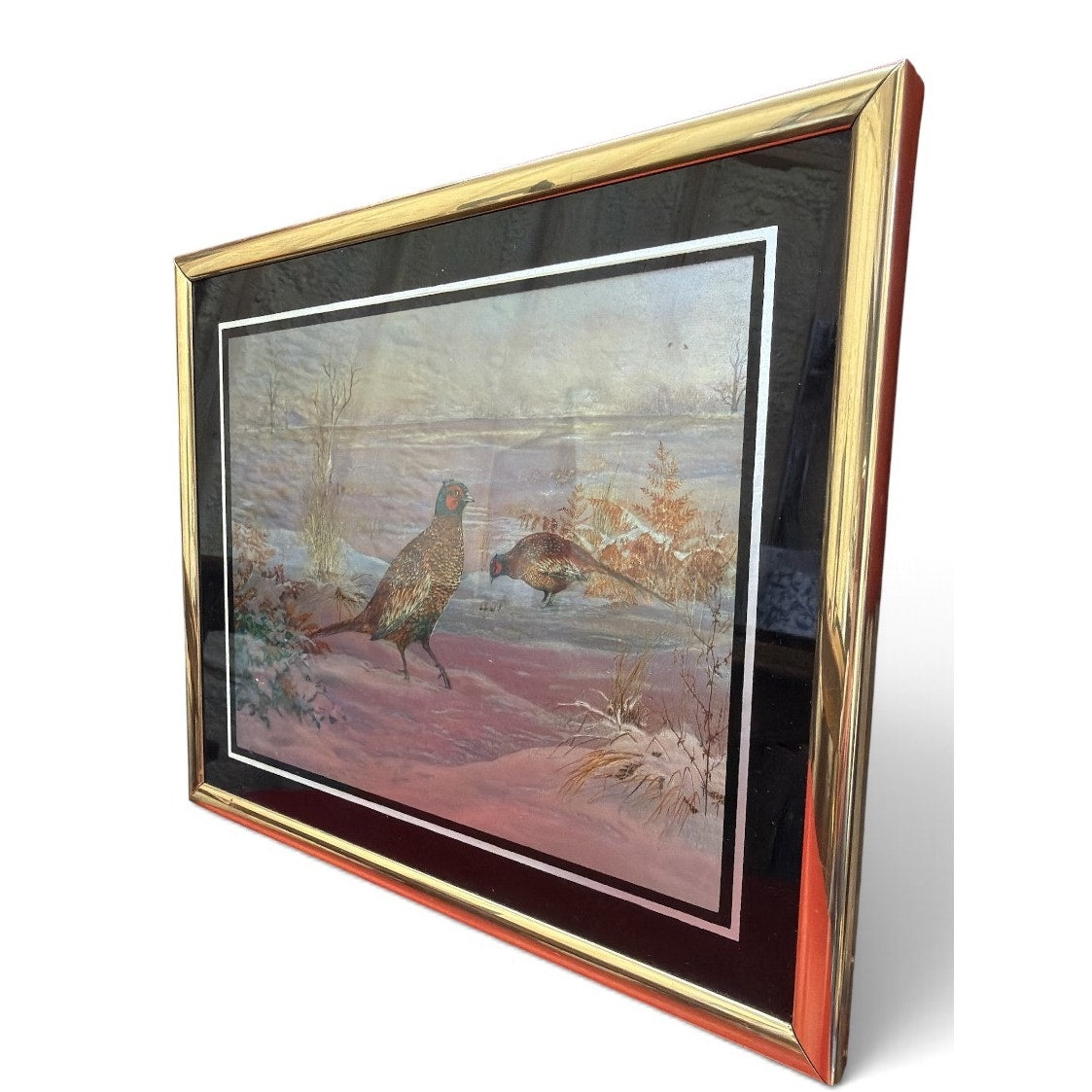 Vintage Foil Art Pheasant Picture Iridescent Winter Scene Gold Frame 8x10