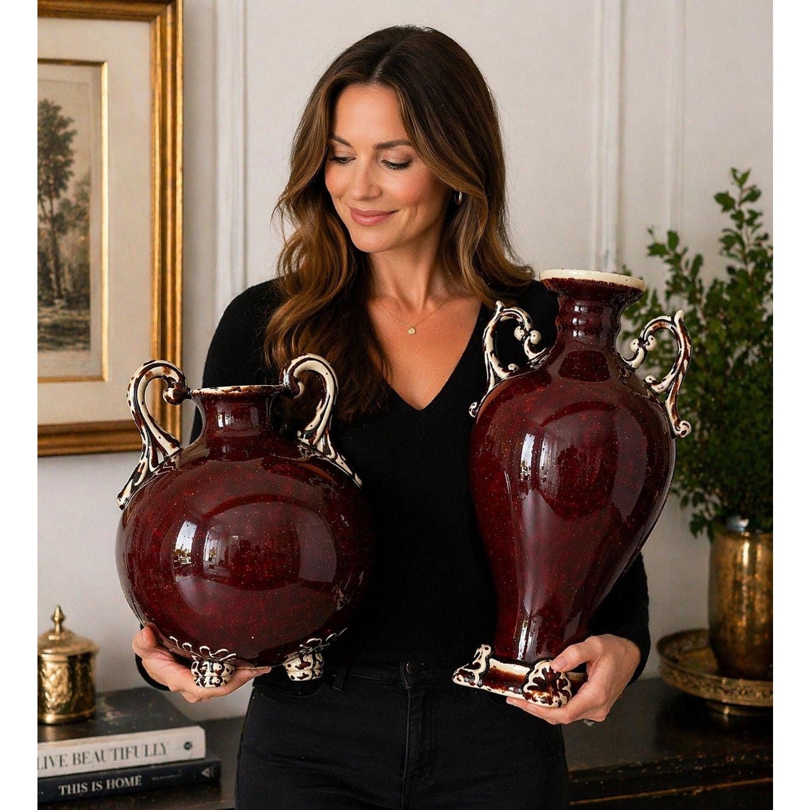 Oxblood Flambé Urn Pair: Hollywood Regency Red Ceramic Vases, Rococo Handles