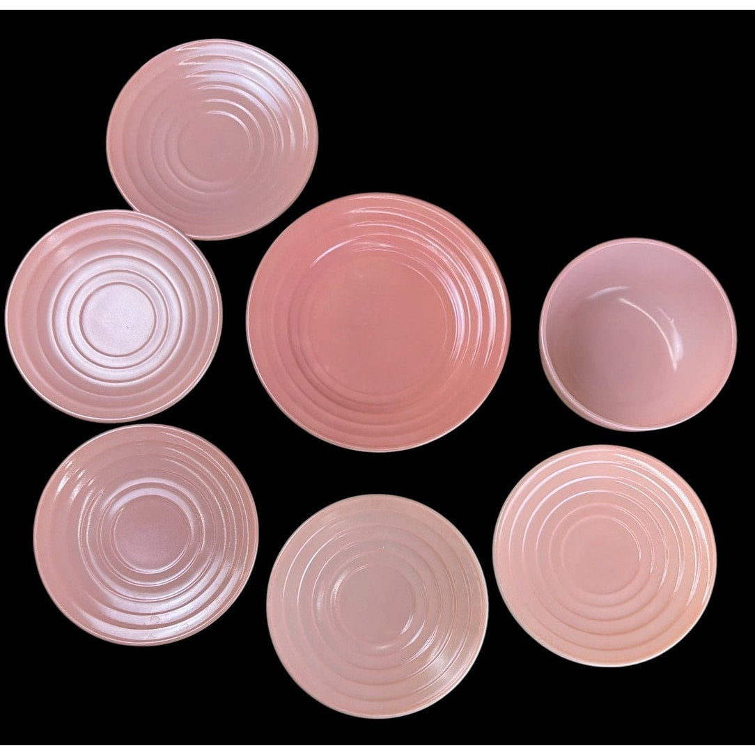 Hazel Atlas Moderntone Pink Platonite Glass 7 Piece Dish Set Vintage – main view