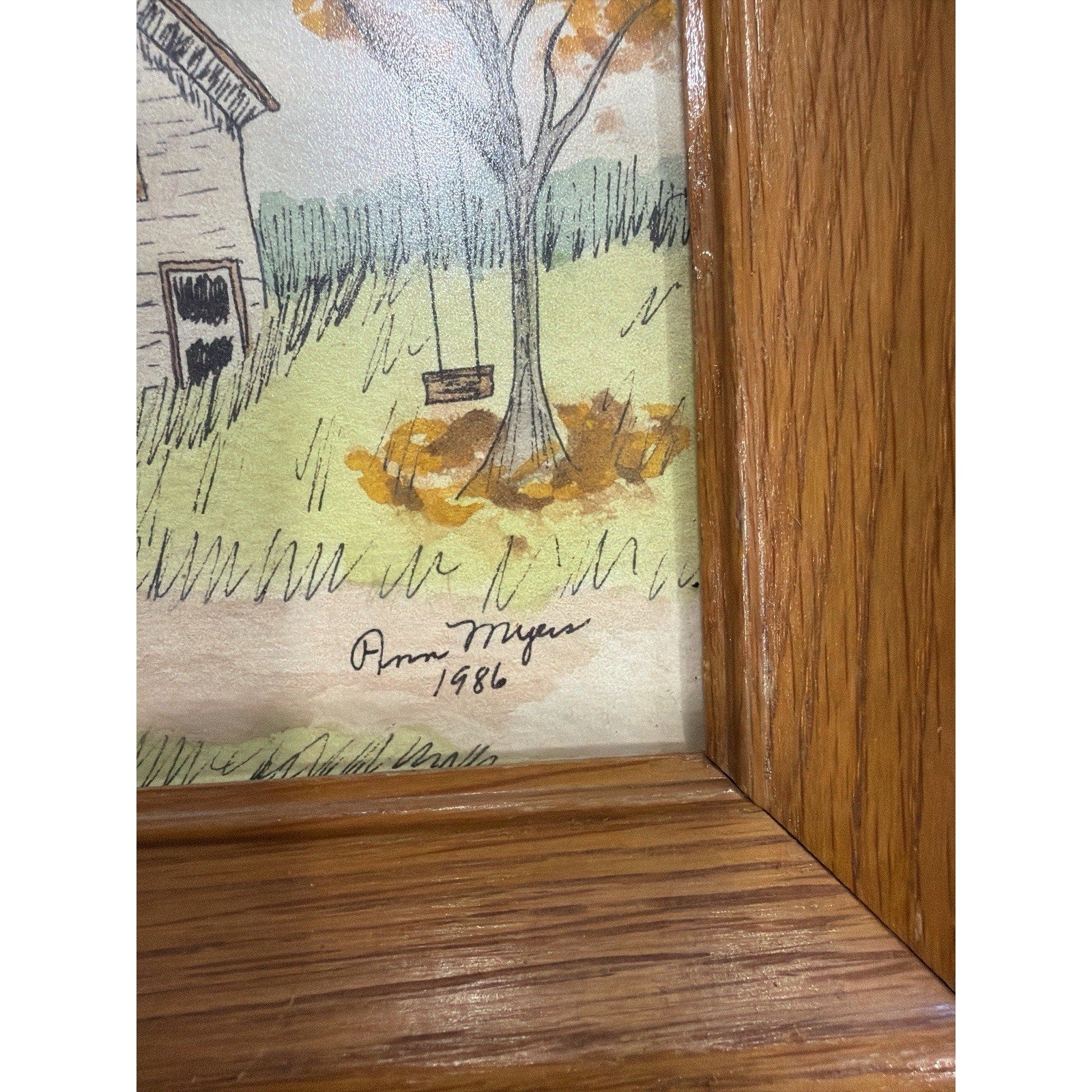 Original Watercolor Farmhouse Paintings Signed Ann Myers Pair Framed Folk Art