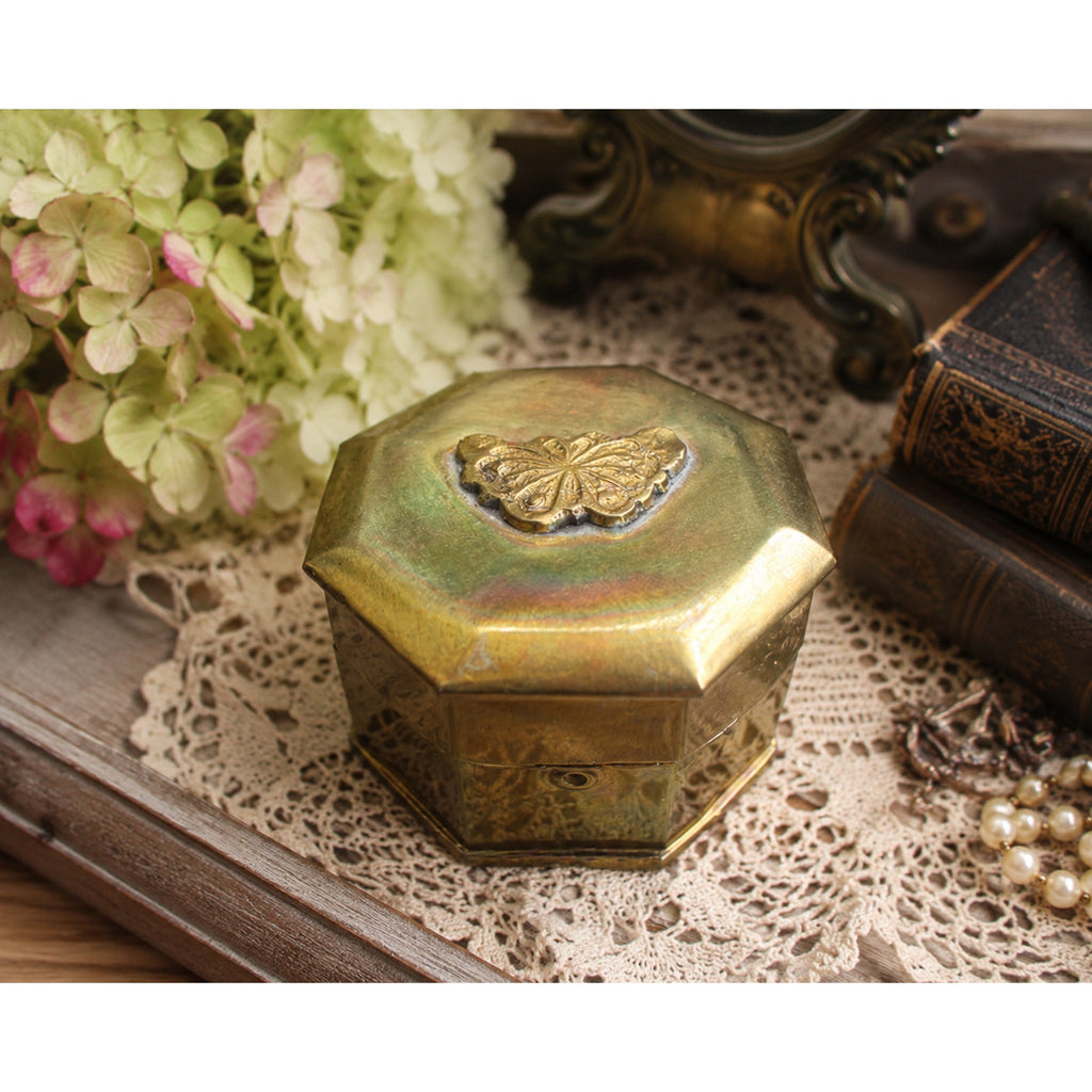 Vintage Brass Butterfly Trinket Box Octagonal Hinged Jewelry Keepsake Box