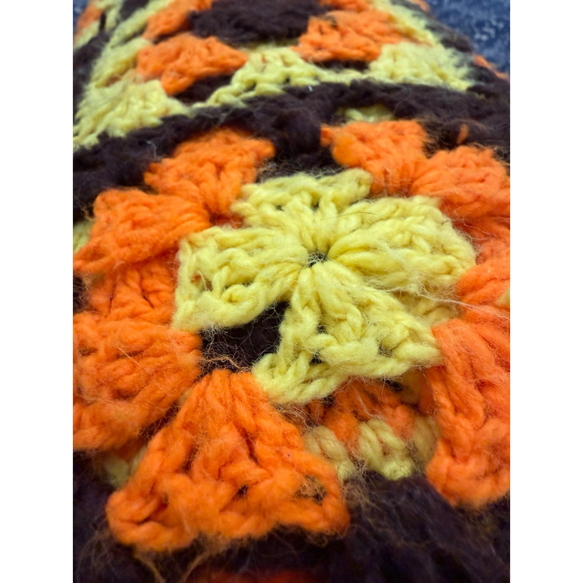 Vintage 1970s Granny Square Afghan Orange Brown Yellow Crochet 72 x 52