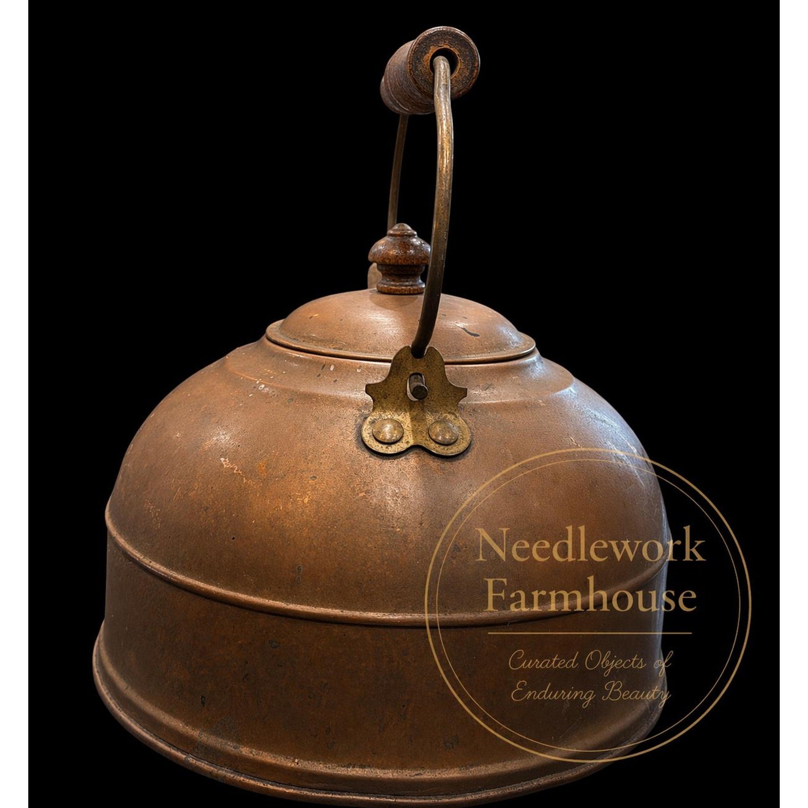 Antique Copper Tea Kettle Primitive Farmhouse Decor Wood Handle 1930s