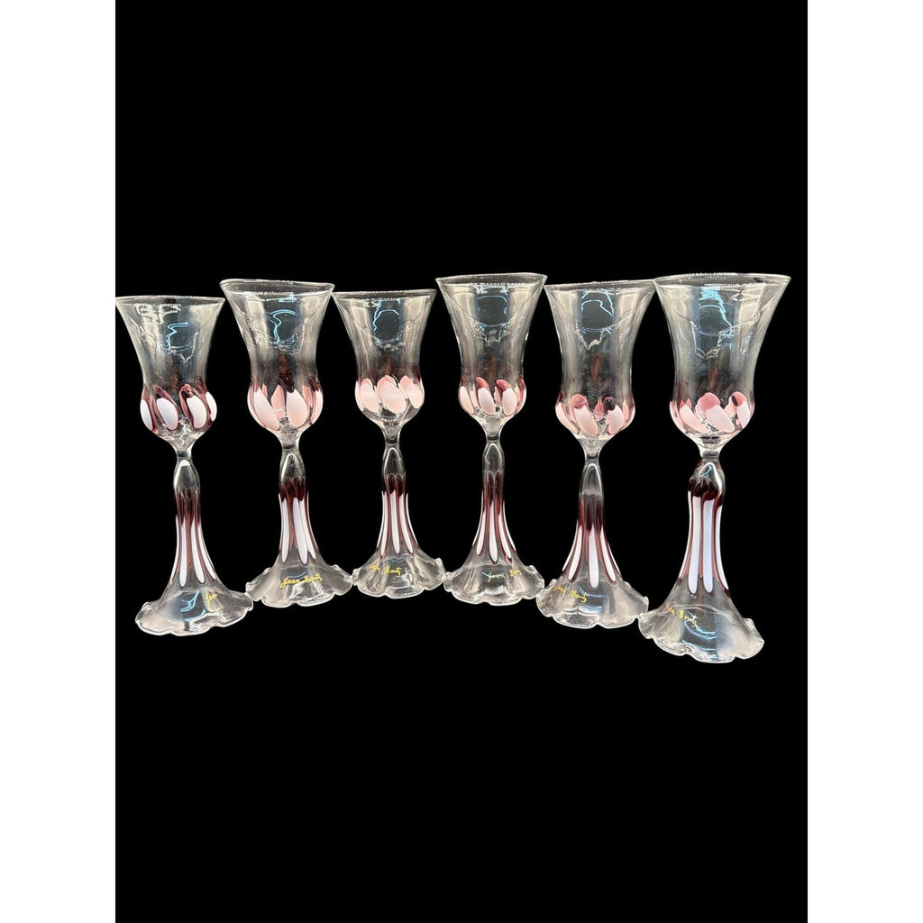 Jean Boutz Hand Blown Art Glass Goblets Set 6 Pink Signed Stemware