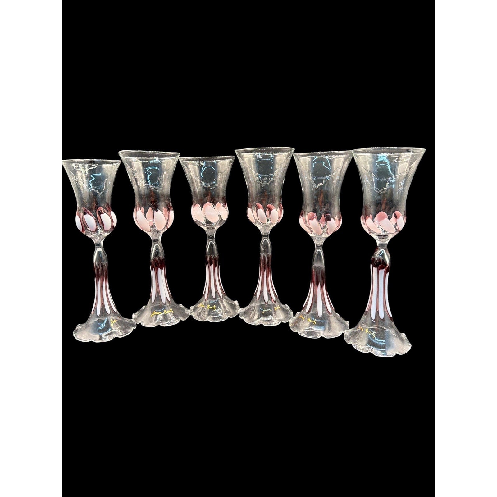 Jean Boutz Hand Blown Art Glass Goblets Set 6 Pink Signed Stemware