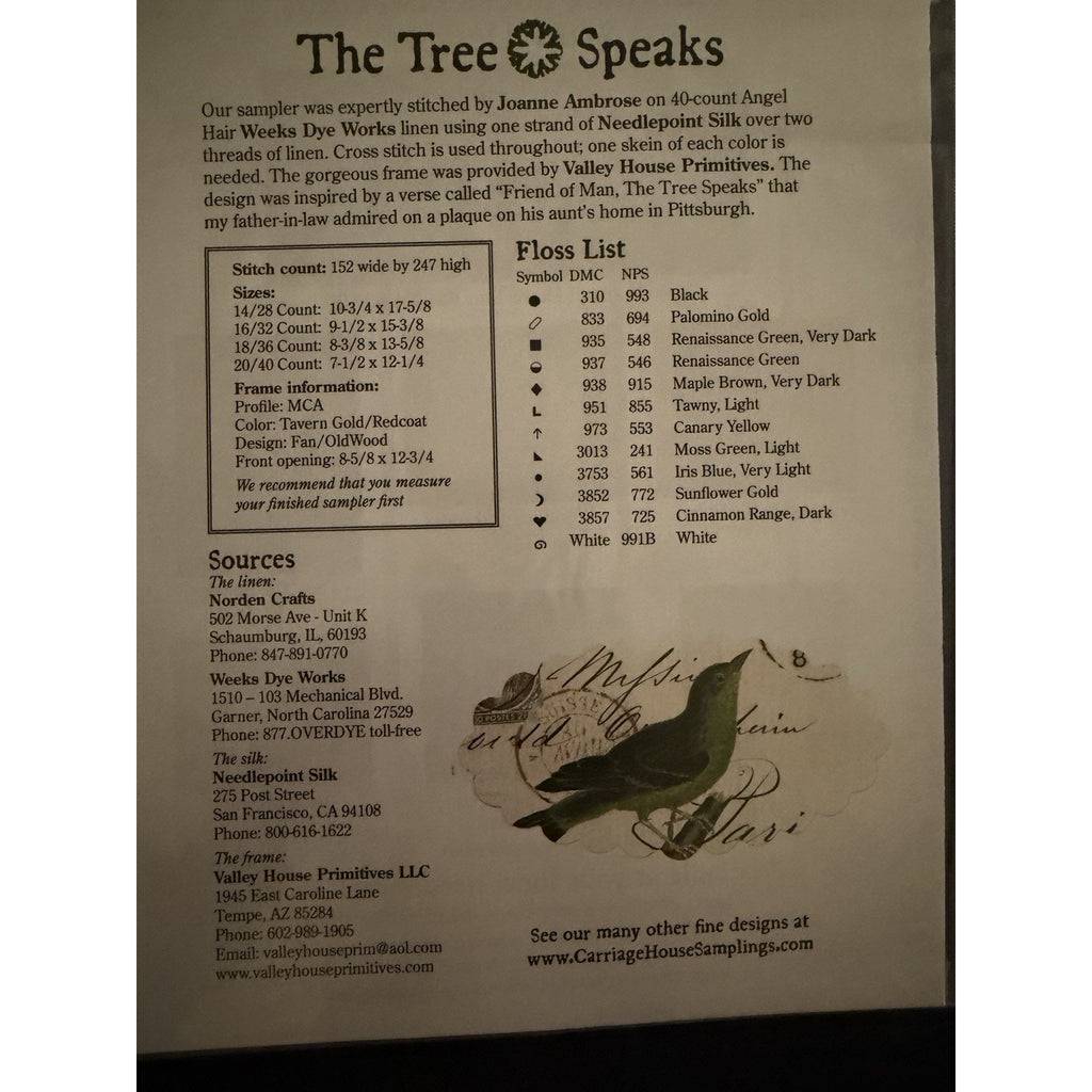 Carriage House Samplings THE TREE SPEAKS Sampler Cross Stitch Pattern Verse