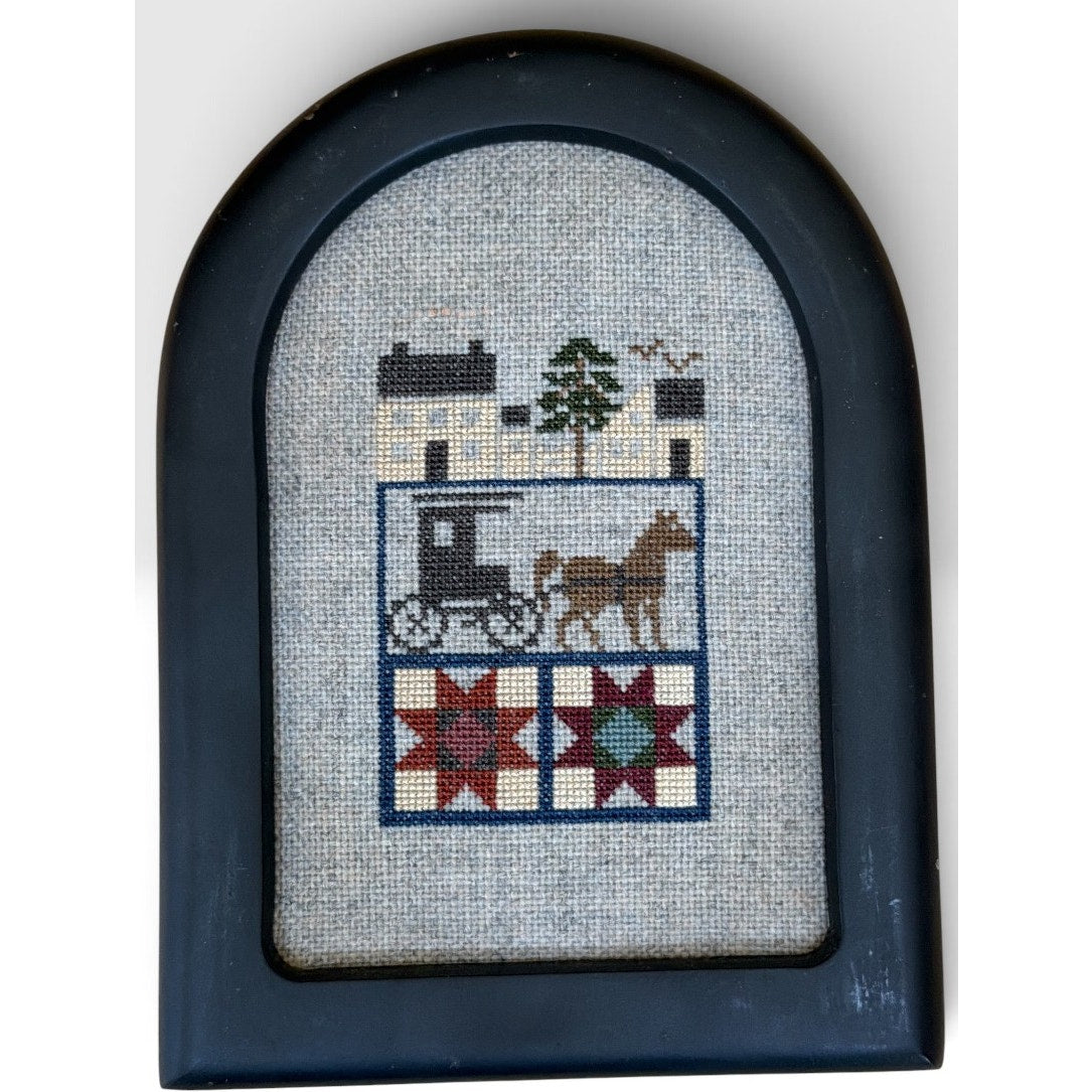 Vintage Primitive Cross Stitch Horse Carriage Quilt Sampler Framed Folk Art – additional view 2