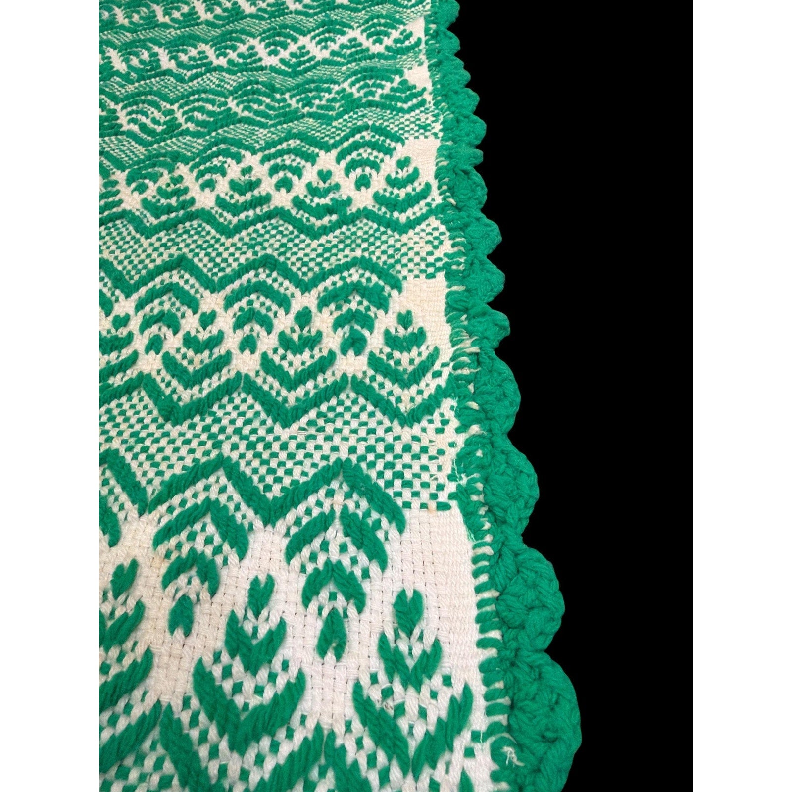 Vintage Handwoven Green White Coverlet Throw Blanket 65x65 Handmade Woven Textile Farmhouse Cottage Christmas Decor