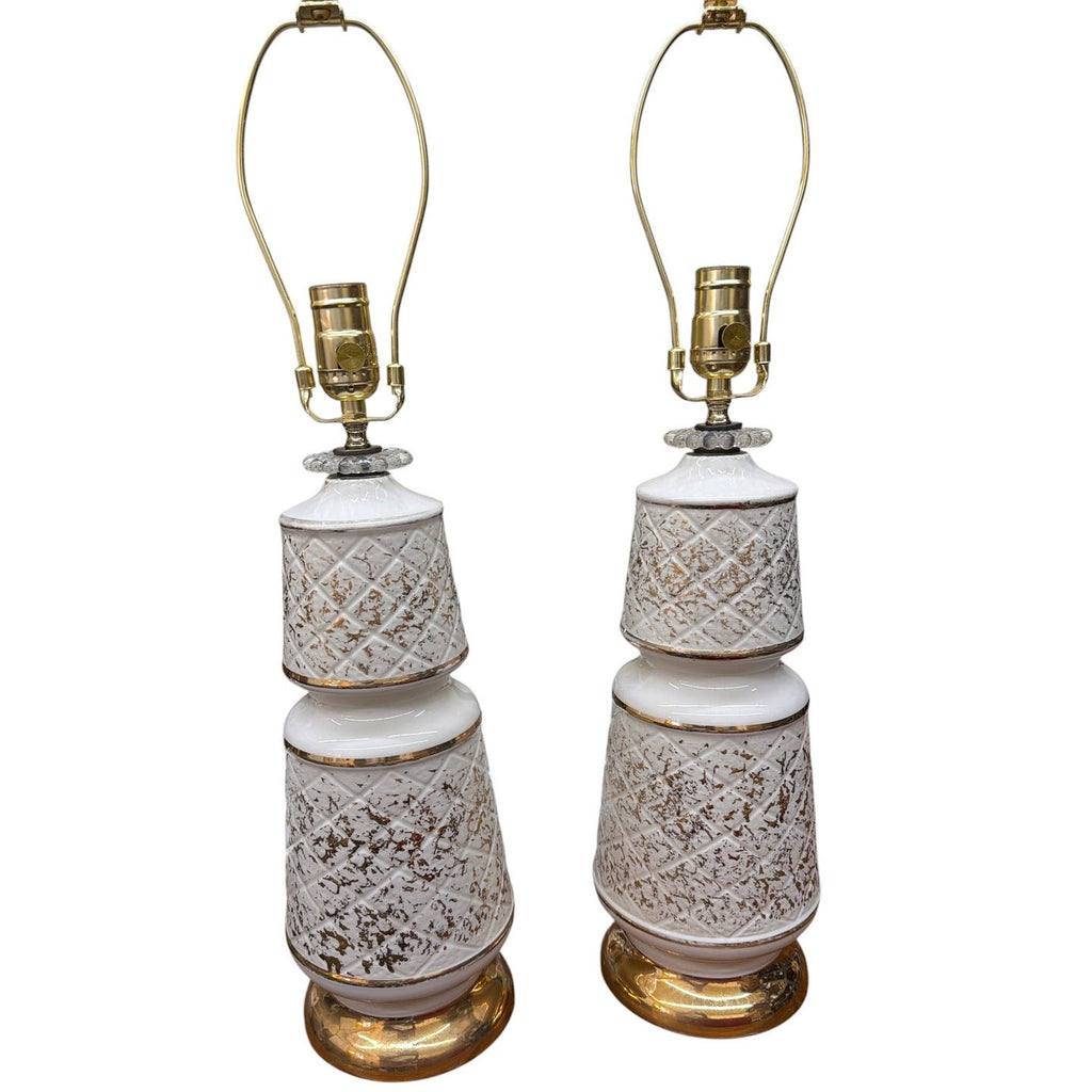 Vintage White and Gold Ceramic Table Lamps Pair Professionally Rewired