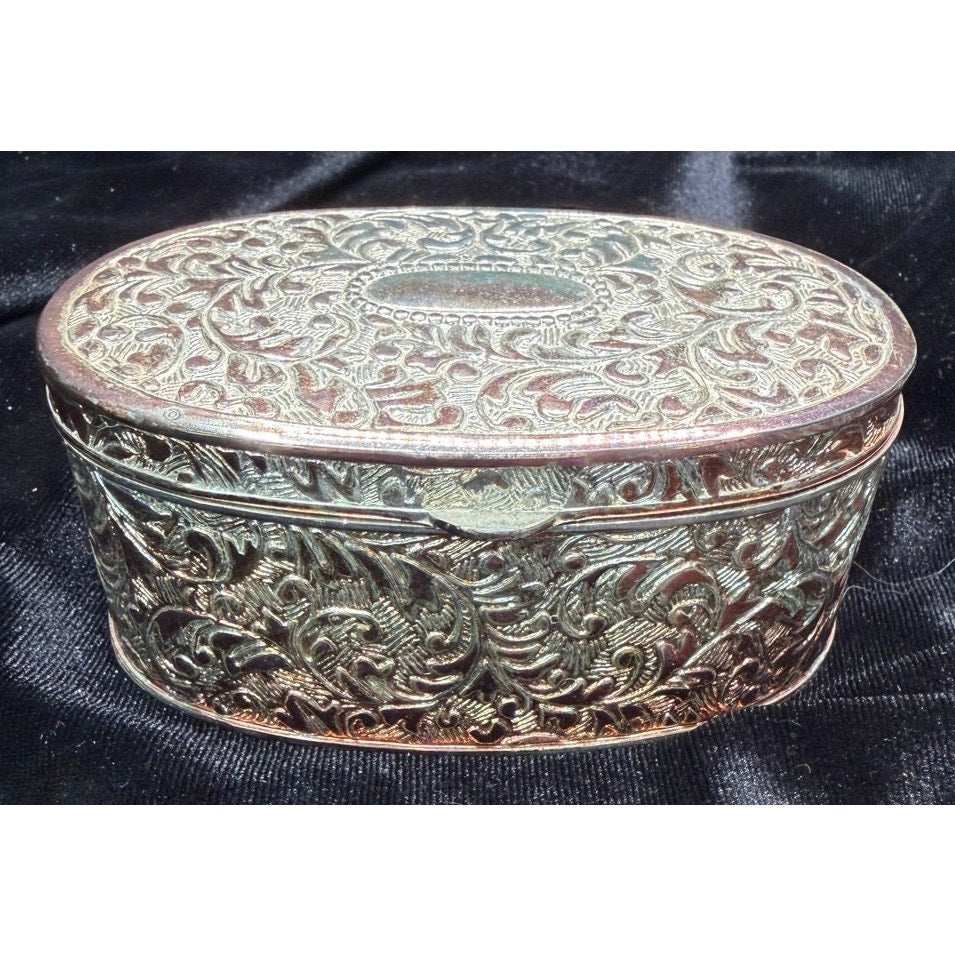 Vintage Silver Tone Jewelry Casket Red Satin Lined Oval Trinket Keepsake Box