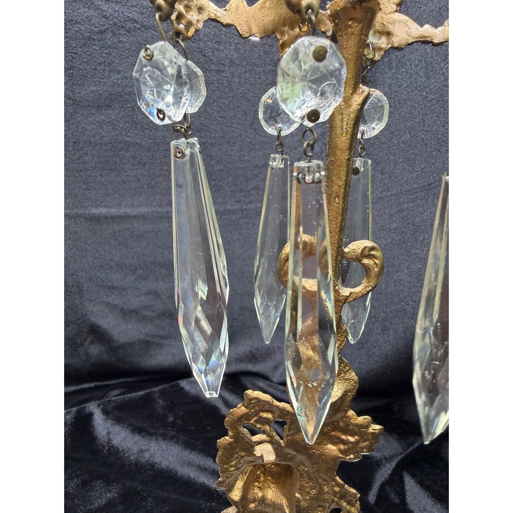Antique Victorian Figural Girandole Candlesticks Pair Marble Crystal Prisms