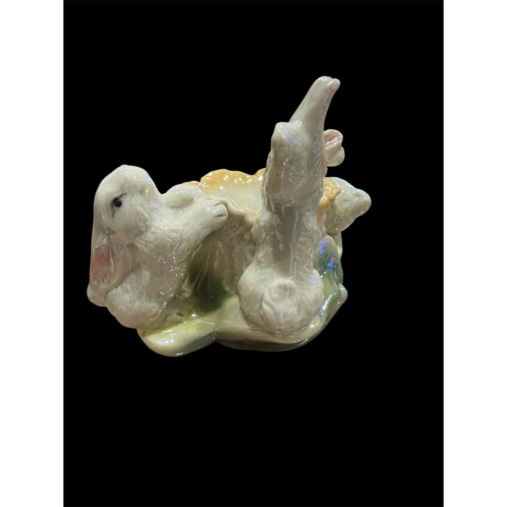 Vintage Ceramic Bunny Basket Planter Pearlized Easter Rabbit Candy Dish