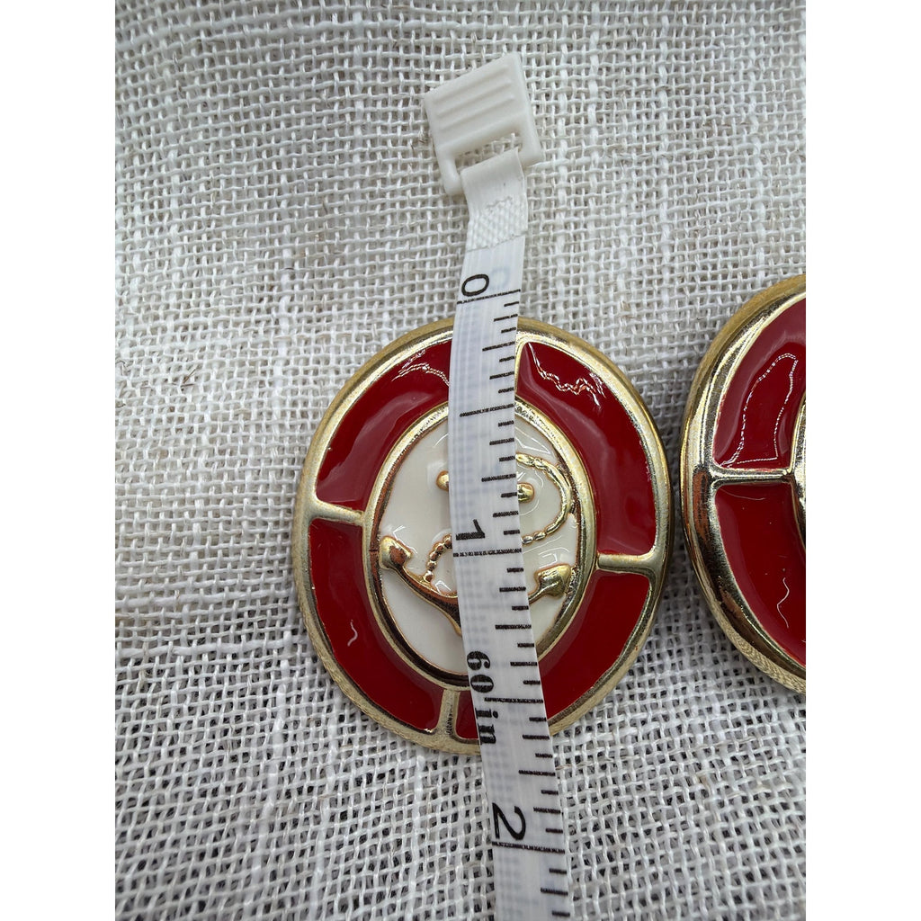 Vintage Nautical Anchor Earrings: Red Enamel Gold Clip-On Statement Coastal