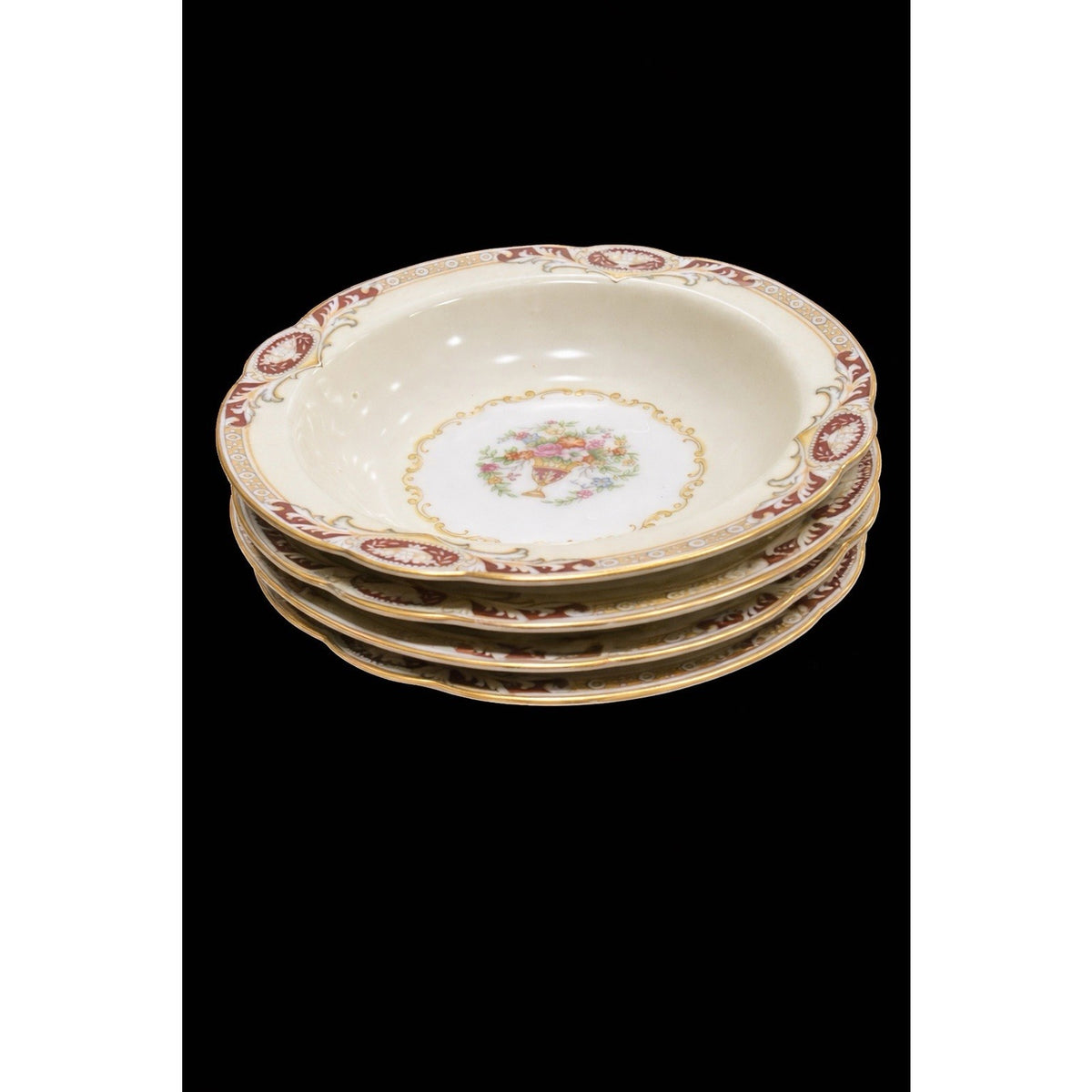1930s Noritake Berry Bowls Set of 4 Burgundy Gold Floral Pre-WWII Japan