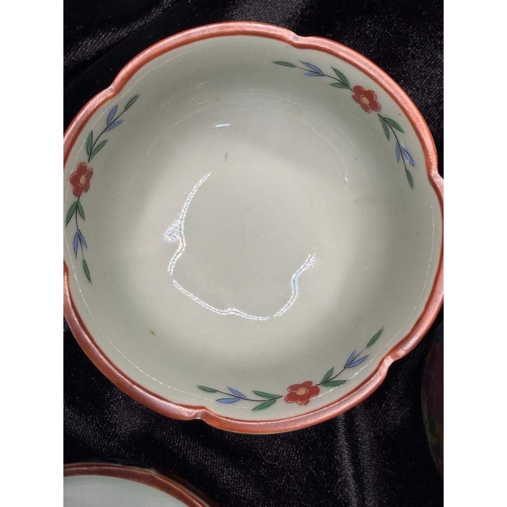 Vintage Japanese Imari Style Kobachi Bowls & Underplates Set of 3 Hand Painted