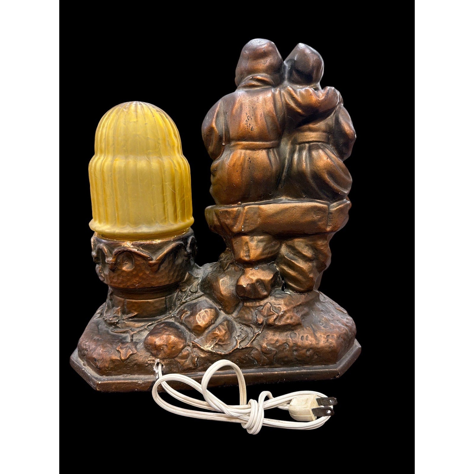 Vintage Chalkware Dutch Couple Lamp | Amber Glass Globe Night Light