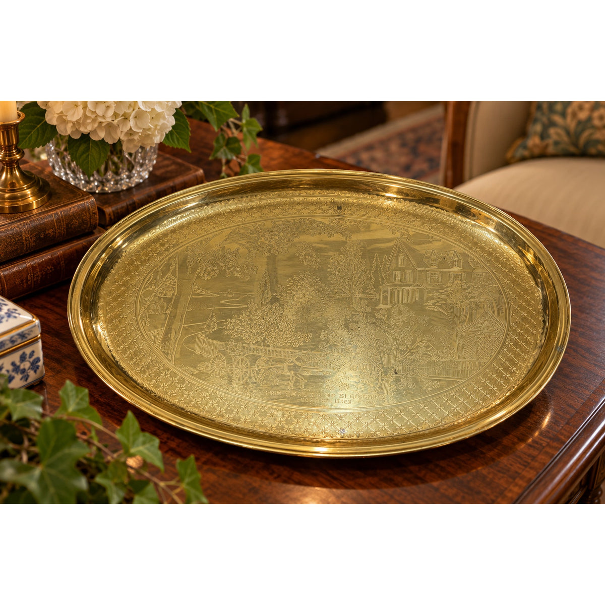 Vintage Currier & Ives Gold Tone Oval Tray The Season of Blossoms 16 Inch