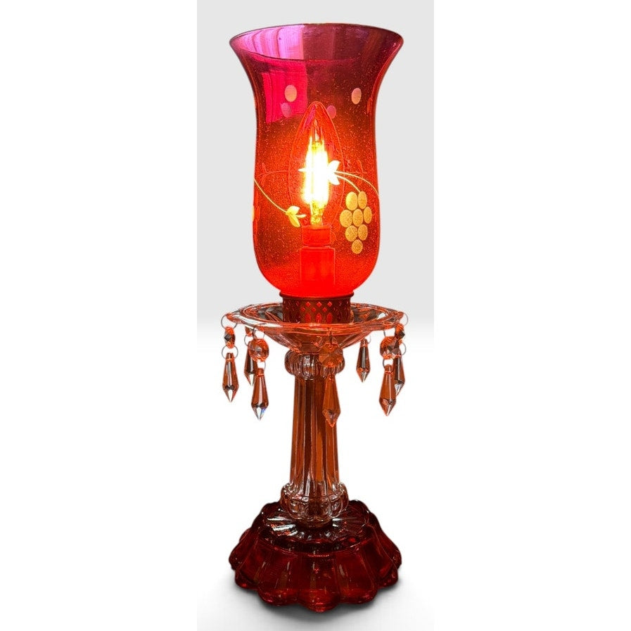 Vintage Cranberry Glass Hurricane Lamp Etched Grapes Crystal Prisms – additional view 2