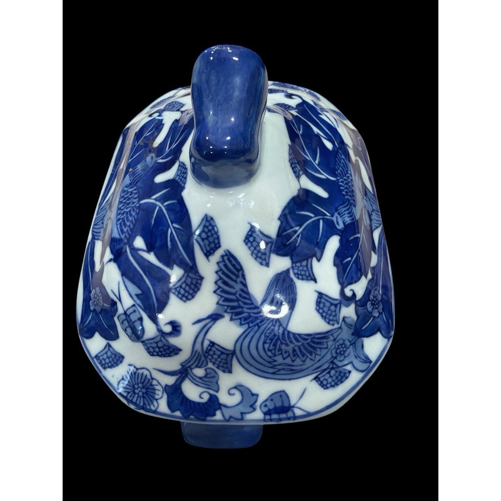 Vintage Blue White Porcelain Phoenix Bird Lidded Jar Octagonal 7 Inch