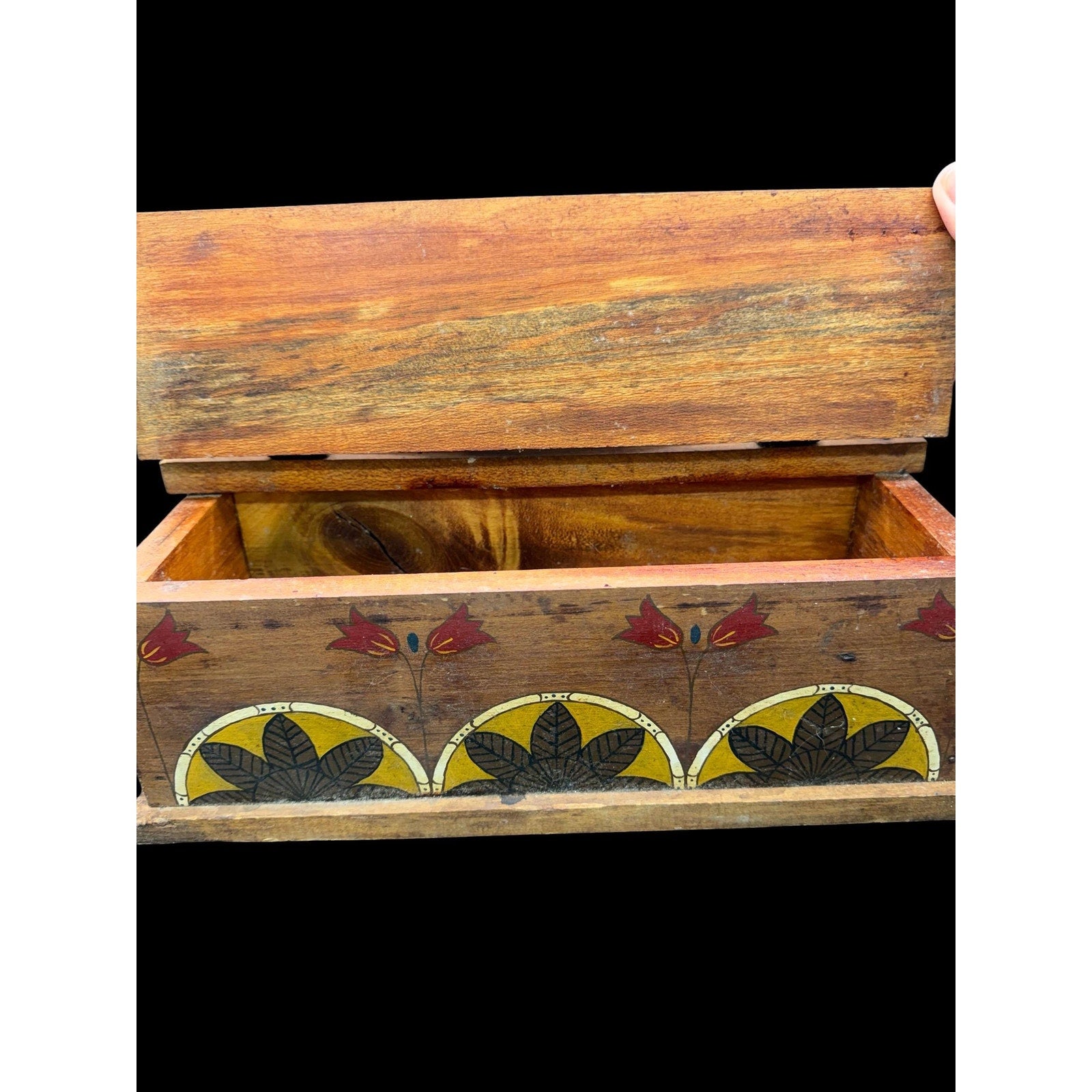 Primitive Folk Art Wooden Box • Hand-Painted Pennsylvania Dutch Tulip Design