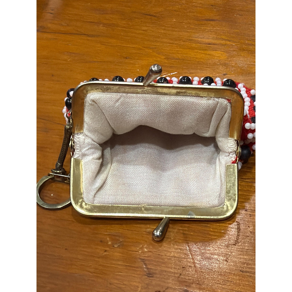 Vintage Beaded Coin Purse Keychain Red Black White Retro Kiss Lock Mini Pouch