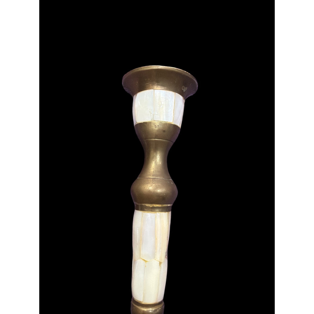 Vintage Brass Mother of Pearl Candlesticks Pair India 6.25 Inch – additional view 3