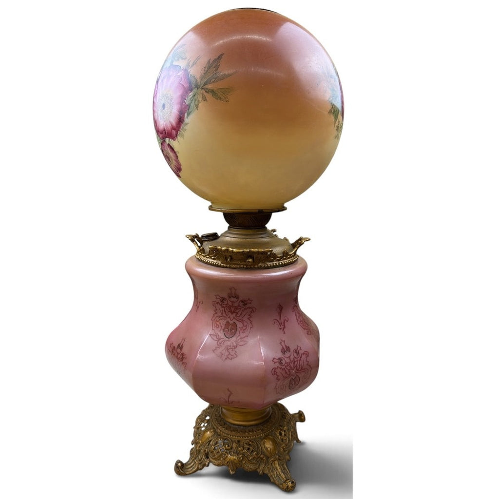 Antique Banquet Oil Lamp Pink Satin Glass Success Burner Floral Globe