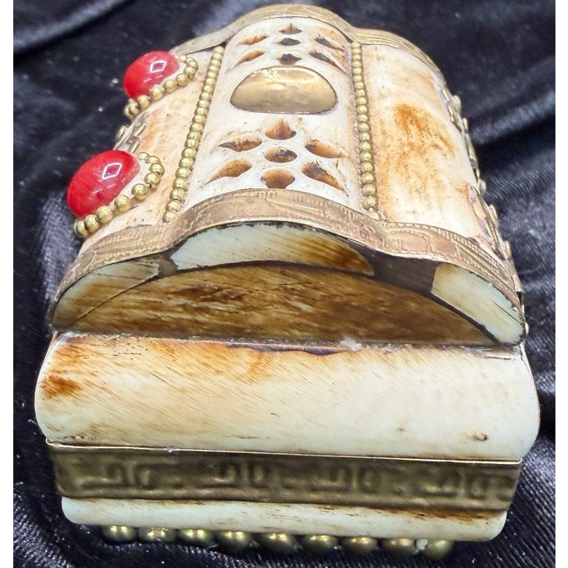 Vintage Bone & Brass Jewelry Box Purple Velvet Lined Keepsake Trinket Box