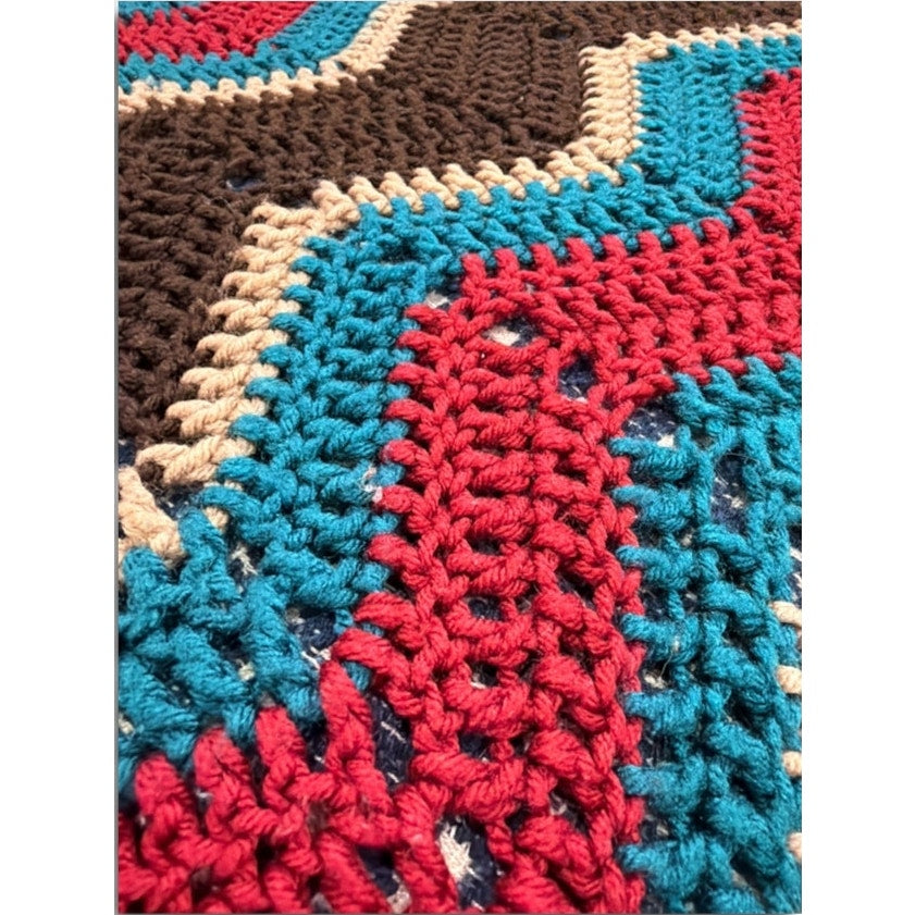 Handmade Crochet Vibrant Autumn Afghan Blanket Brown Teal Red Oversized 78 x 60 – additional view 8