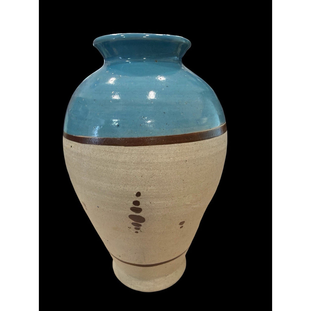 Vintage Mexican Pottery Vase Hand Painted Desert Scene Turquoise 9.5 Inch