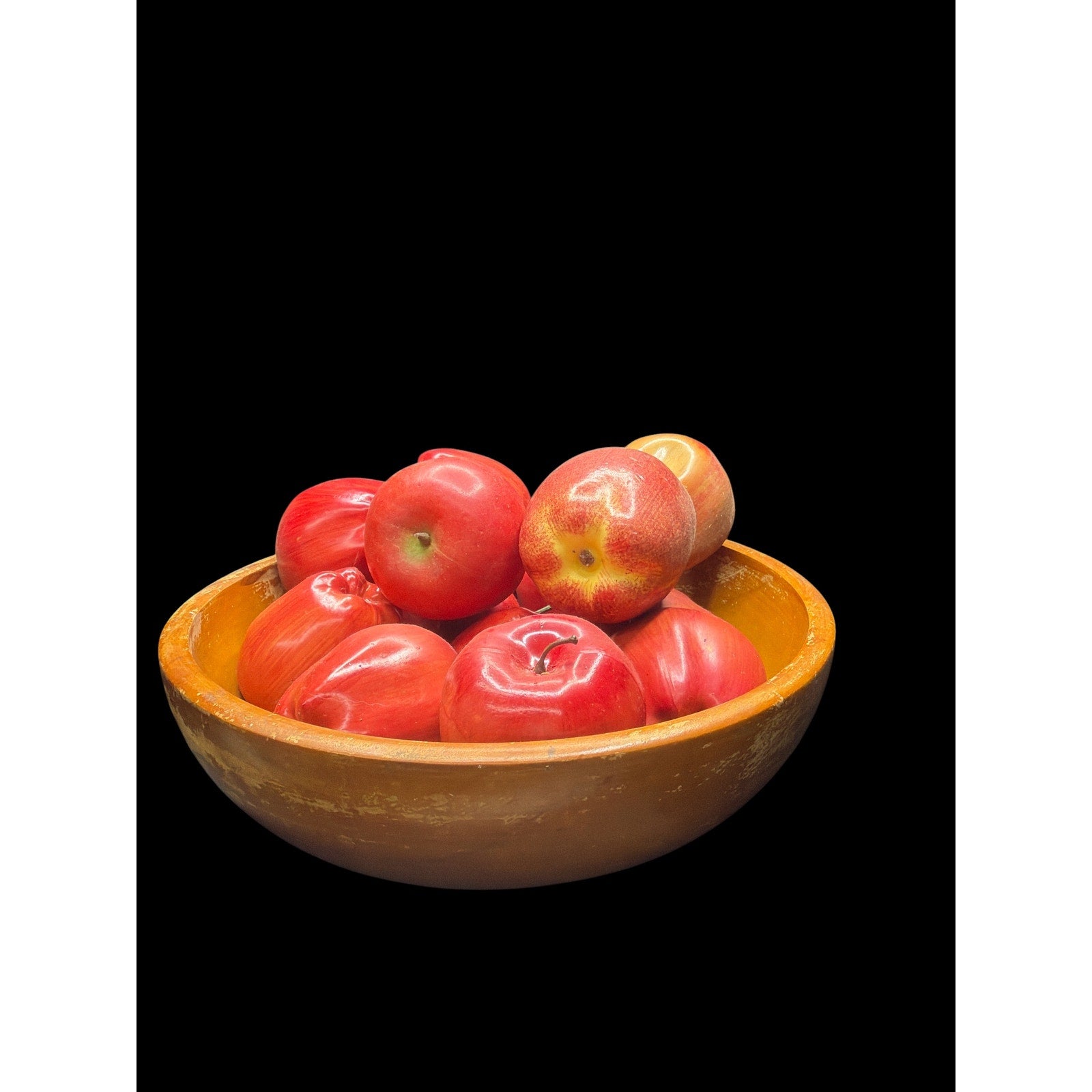 Vintage Wood Bowl with 13 Faux Apples Japan Primitive Farmhouse Decor