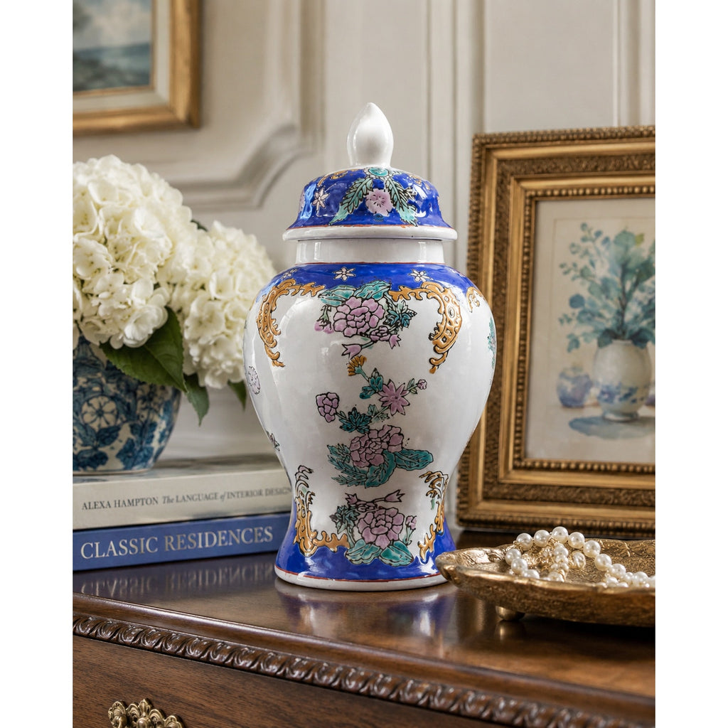 Chinoiserie Ginger Jar with Lid, Blue & White Floral Ceramic Vase, Hollywood Regency Decor, Grandmillennial Shelf Decor