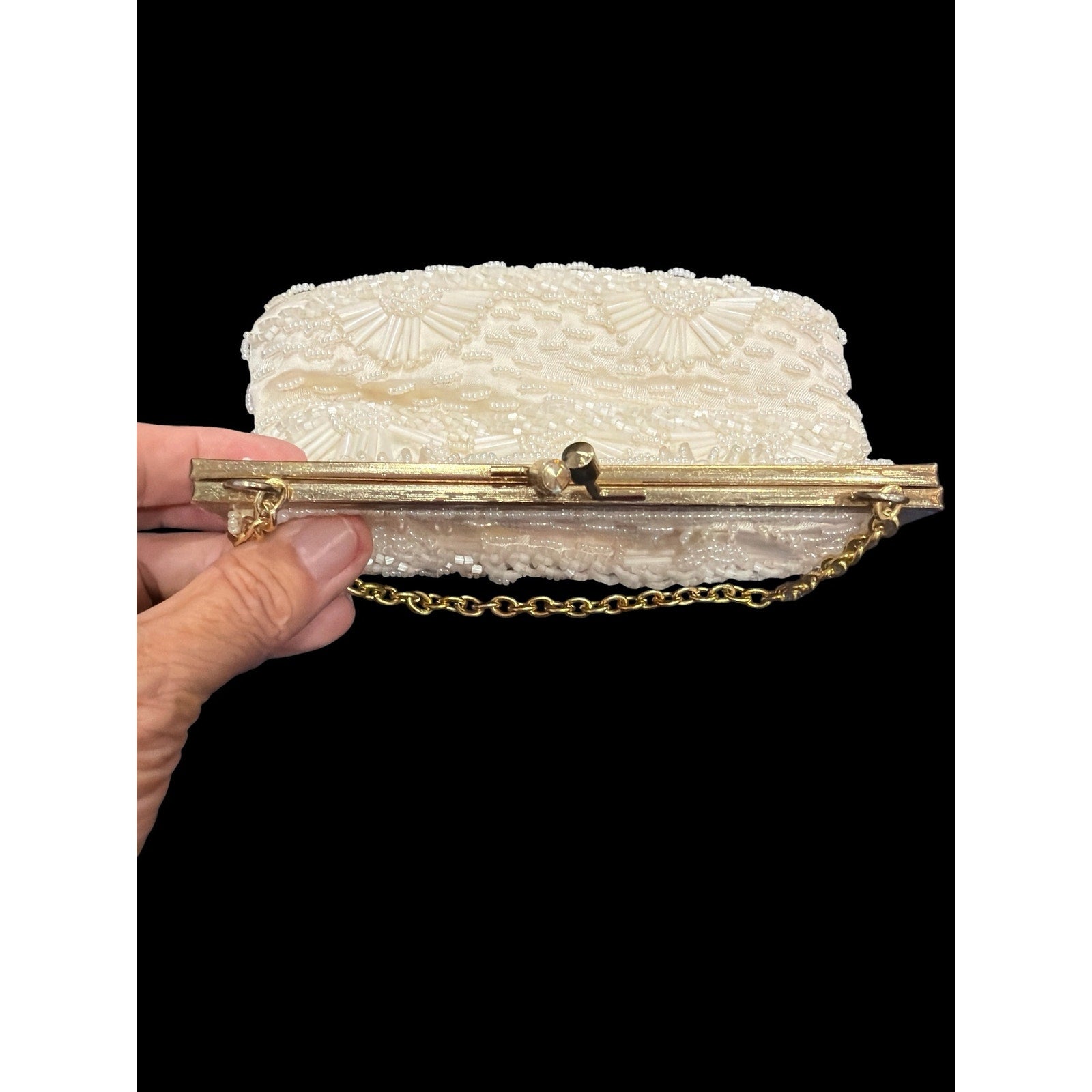 Vintage Beaded Evening Purse & Faux Pearl Necklace Set, Ivory Bridal Handbag