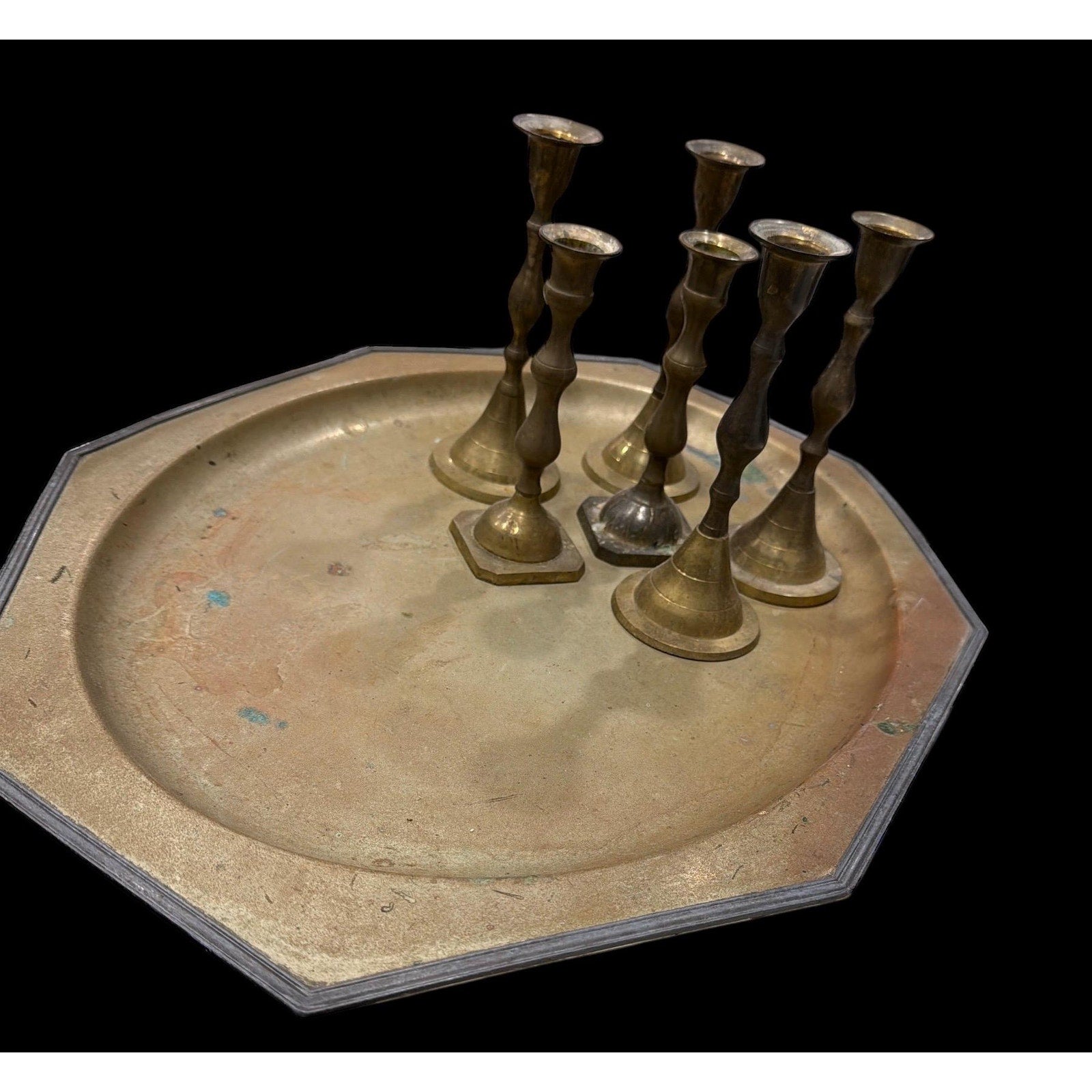 Monumental Antique Brass Tray with Six Candlesticks – Old World European Table Centerpiece