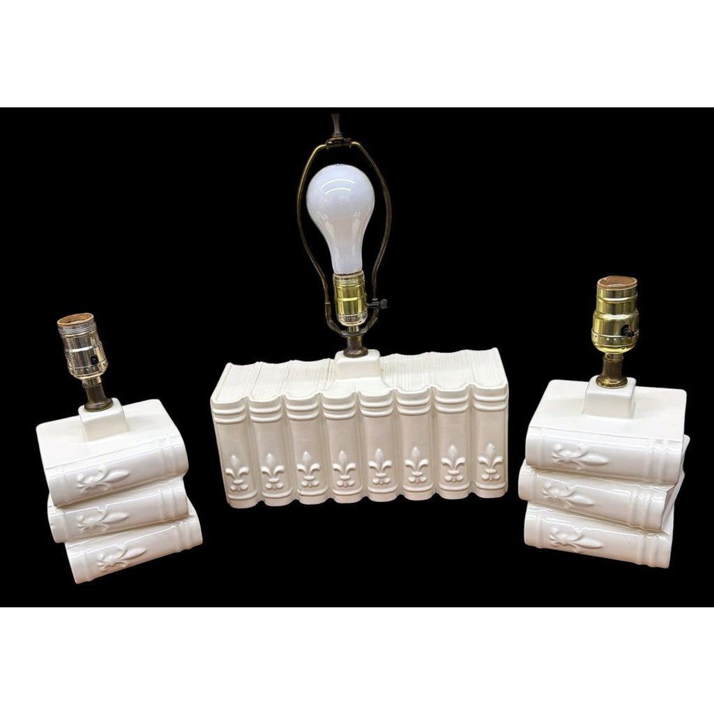 Vintage Book Lamps Set of 3 Ceramic Stacked Books Fleur de Lis Table Lamps – additional view 2