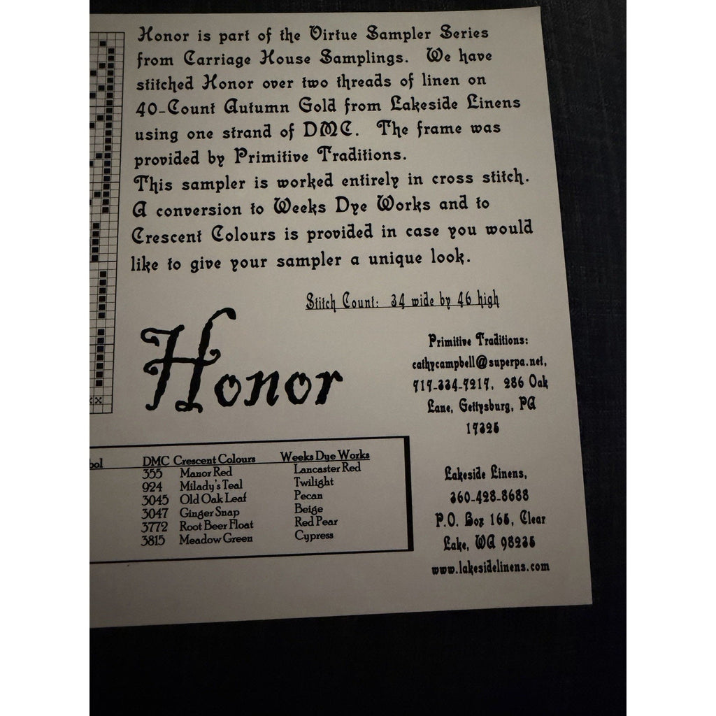 Carriage House Samplings Honor Cross Stitch Pattern Virtue Sampler Series
