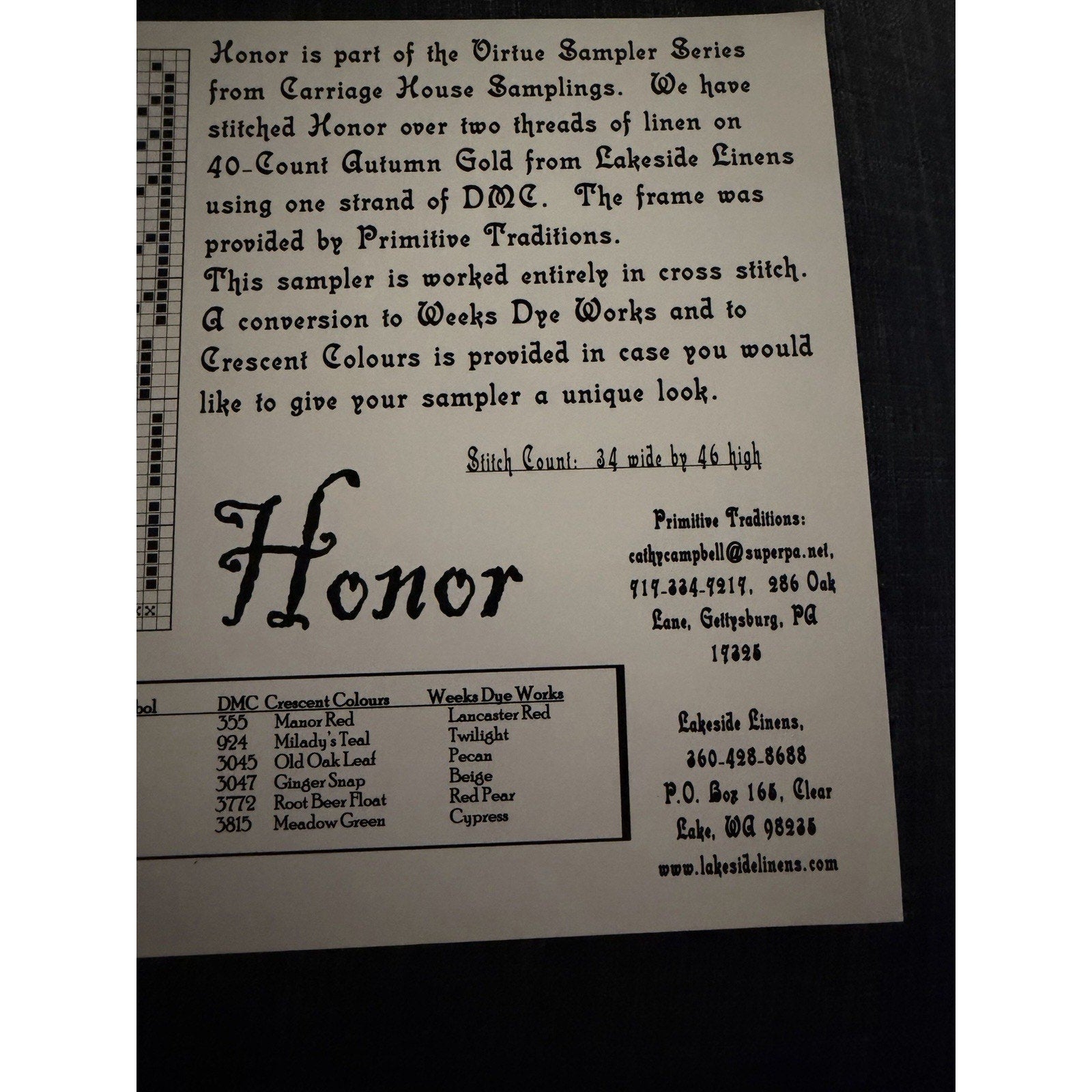 Carriage House Samplings Honor Cross Stitch Pattern Virtue Sampler Series
