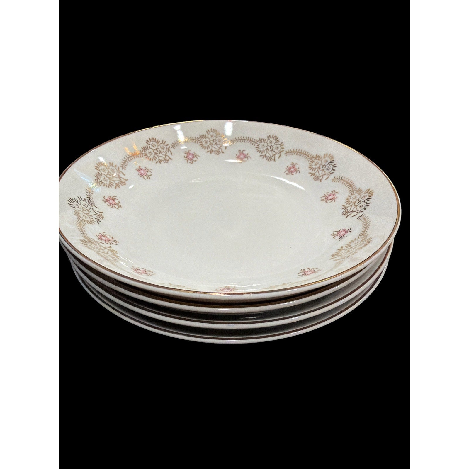 Vintage Japanese Porcelain Soup Bowls Set of 4 Ching Maruka Gold Rim Rice Bowls