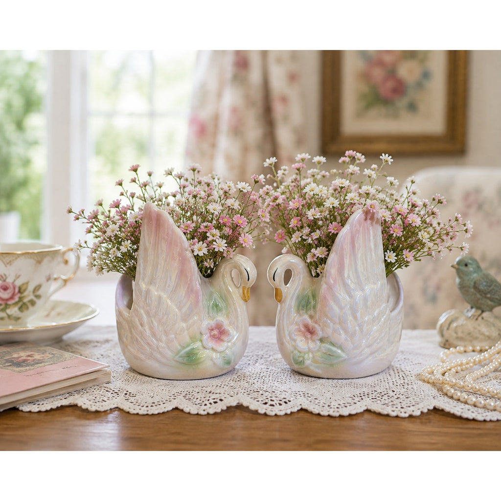 Vintage Pair Pink Lusterware Swan Planters Japanese Ceramic Floral Vases