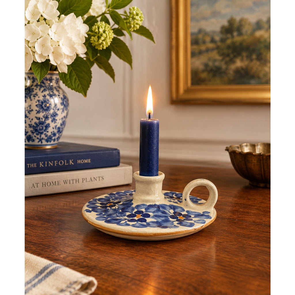 Vintage Eduardo Vega Ceramic Chamberstick Candle Holder Blue Floral Ecuador – main view