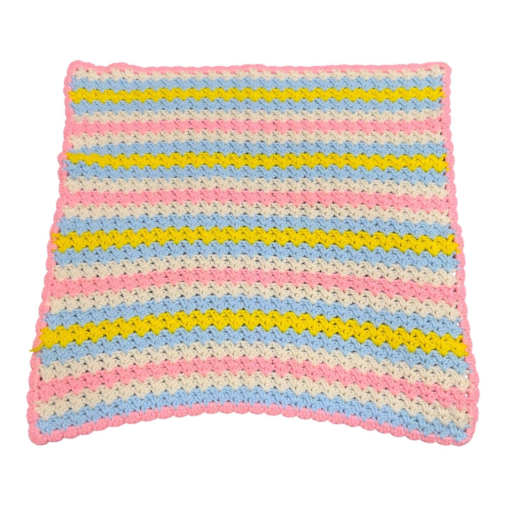 Vintage Hand Crocheted Baby Blanket Pastel Pink Blue Yellow Handmade