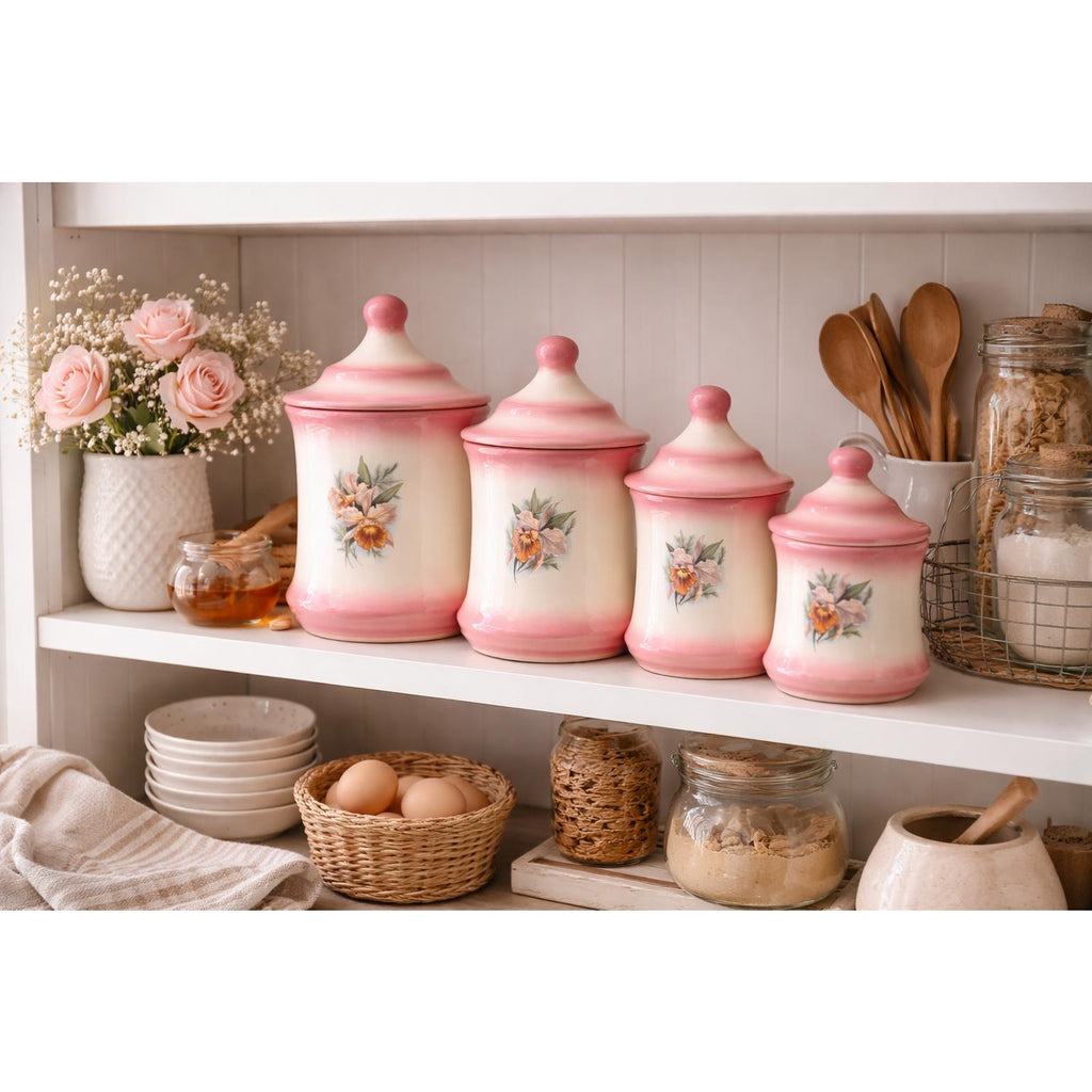 Vintage Pink Floral Ceramic Canister Set – Cottage Kitchen Storage, Made in Japan